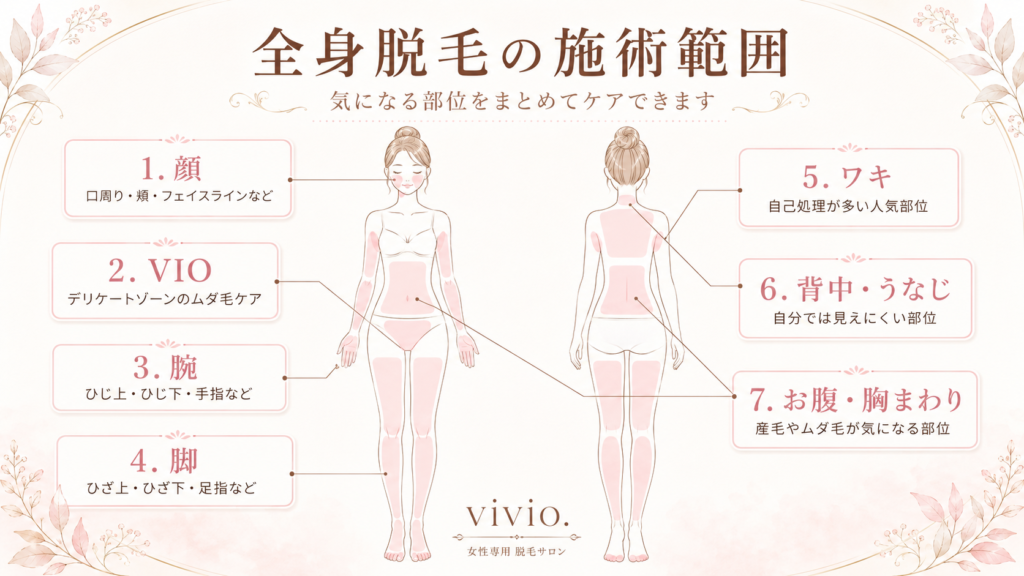 全身脱毛の施術範囲として顔・VIO・腕・脚・ワキ・背中うなじ・お腹胸まわりを図解した画像