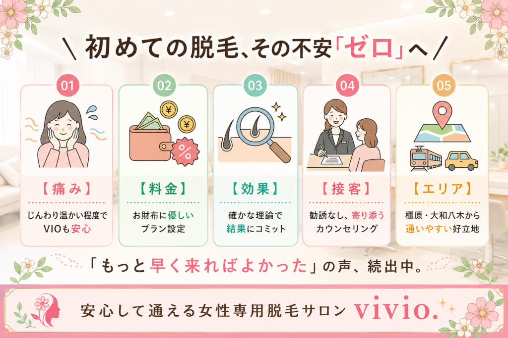 橿原市で初めて脱毛を受ける方に人気の女性専用脱毛サロンvivio.