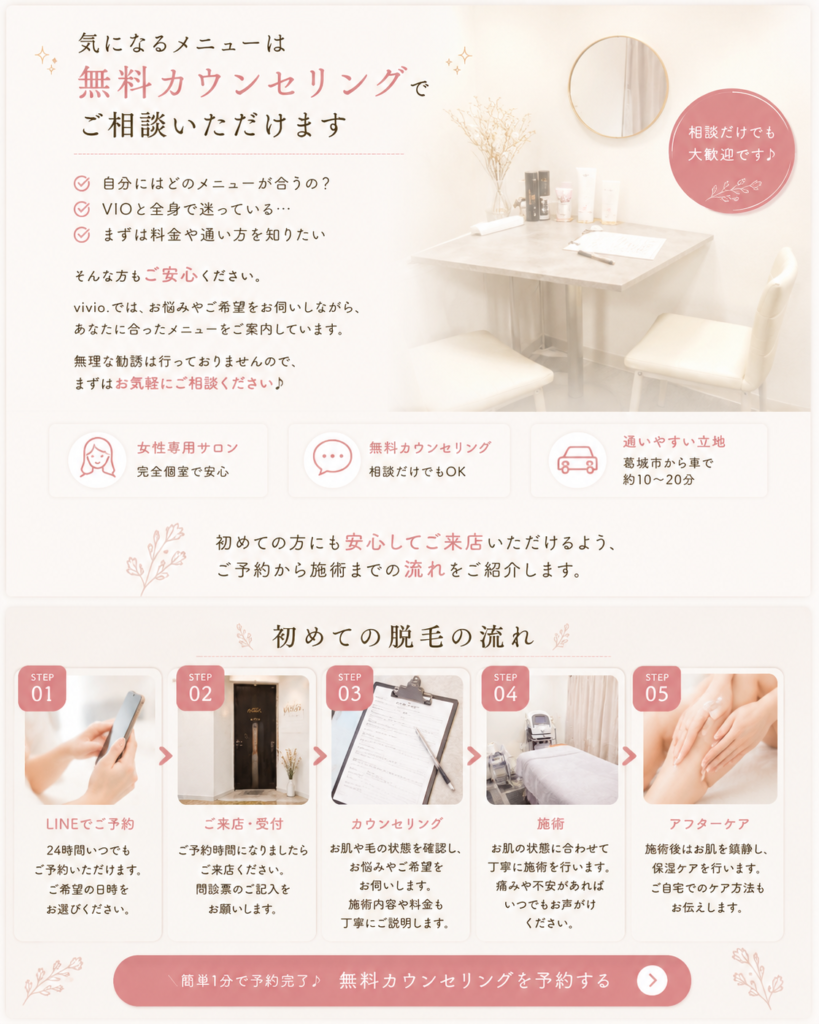葛城市から通いやすい脱毛サロンvivio.の予約方法