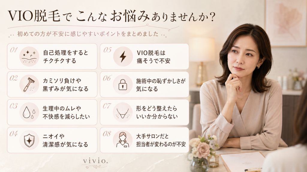 VIO脱毛に不安を感じる30代以上の女性の悩みを8つの項目でまとめたvivio.の共感ブロック画像